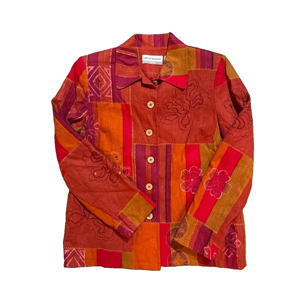 Alfred Dunner Patchwork Embroidered Jacket 6P Beaded Boho Fall Color Linen Blend